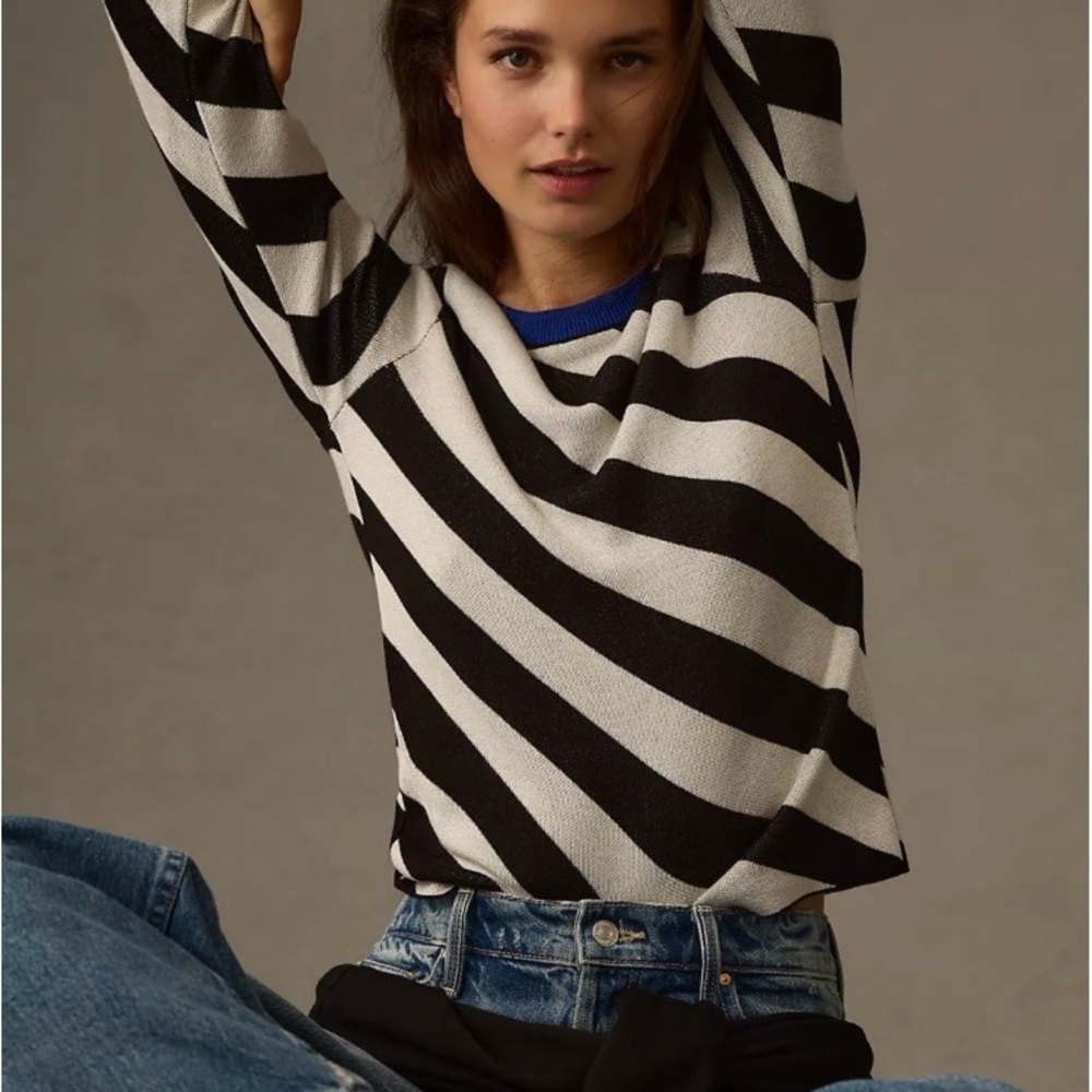Maeve By Anthropologie Women's Black Blue Striped Pullover Sweater Medium